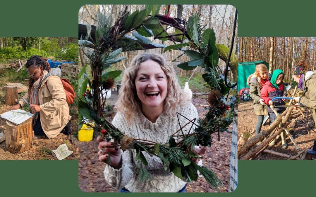 Woman smiling, looking through a wreath in the woods