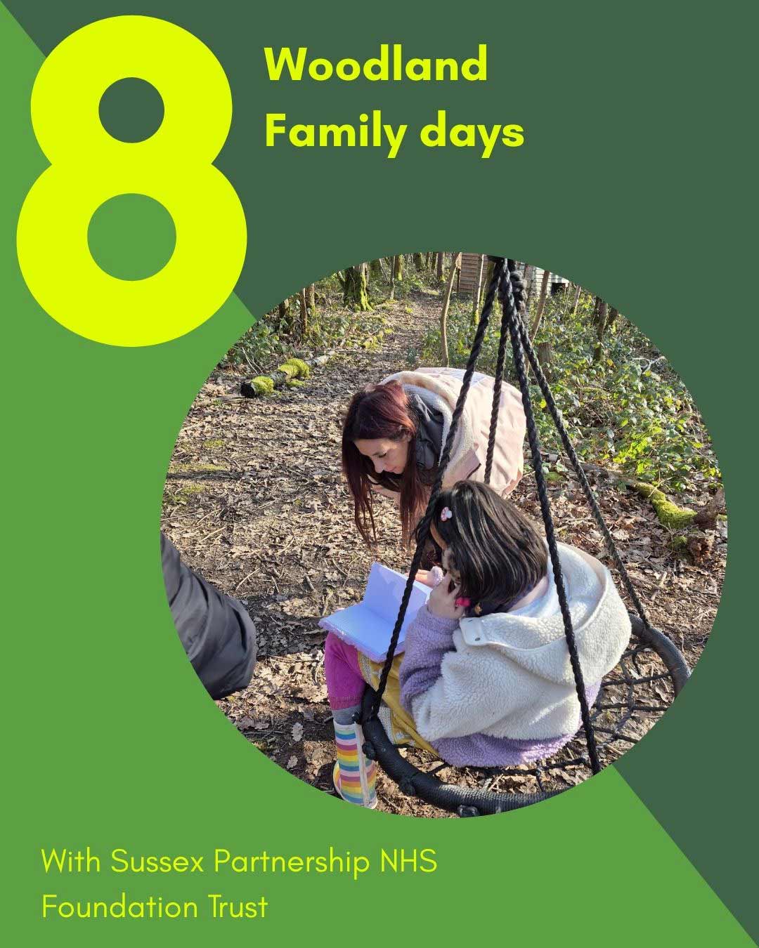 Practitioner supporting a child sitting on a swing in the woods