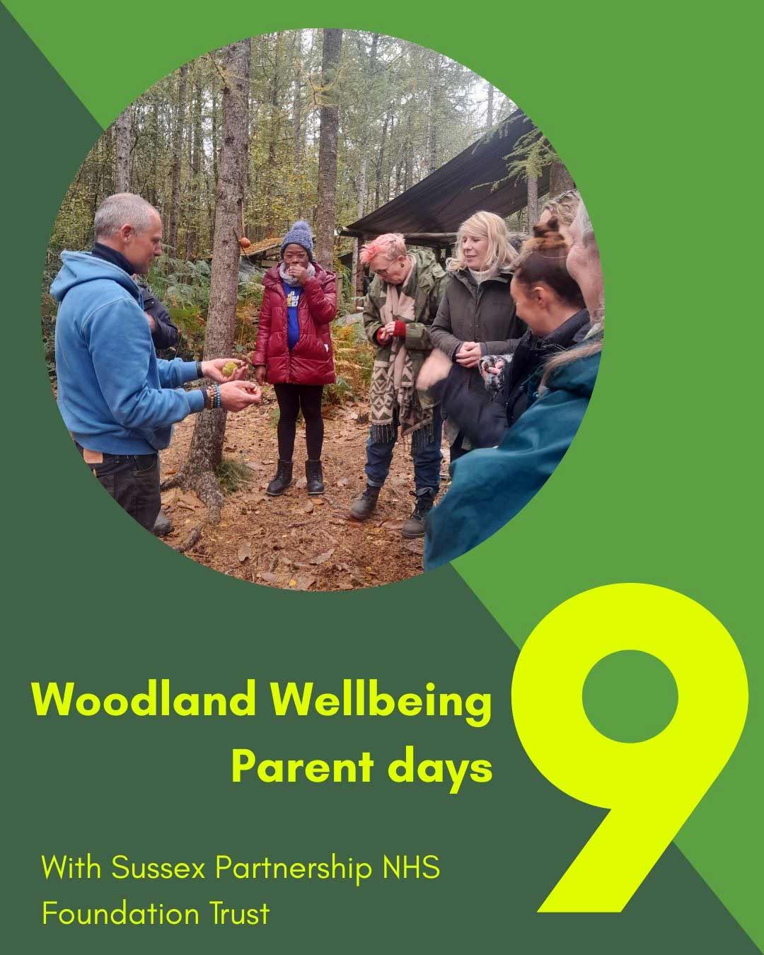 Group of parent in the woods standing in a circle on a winters day